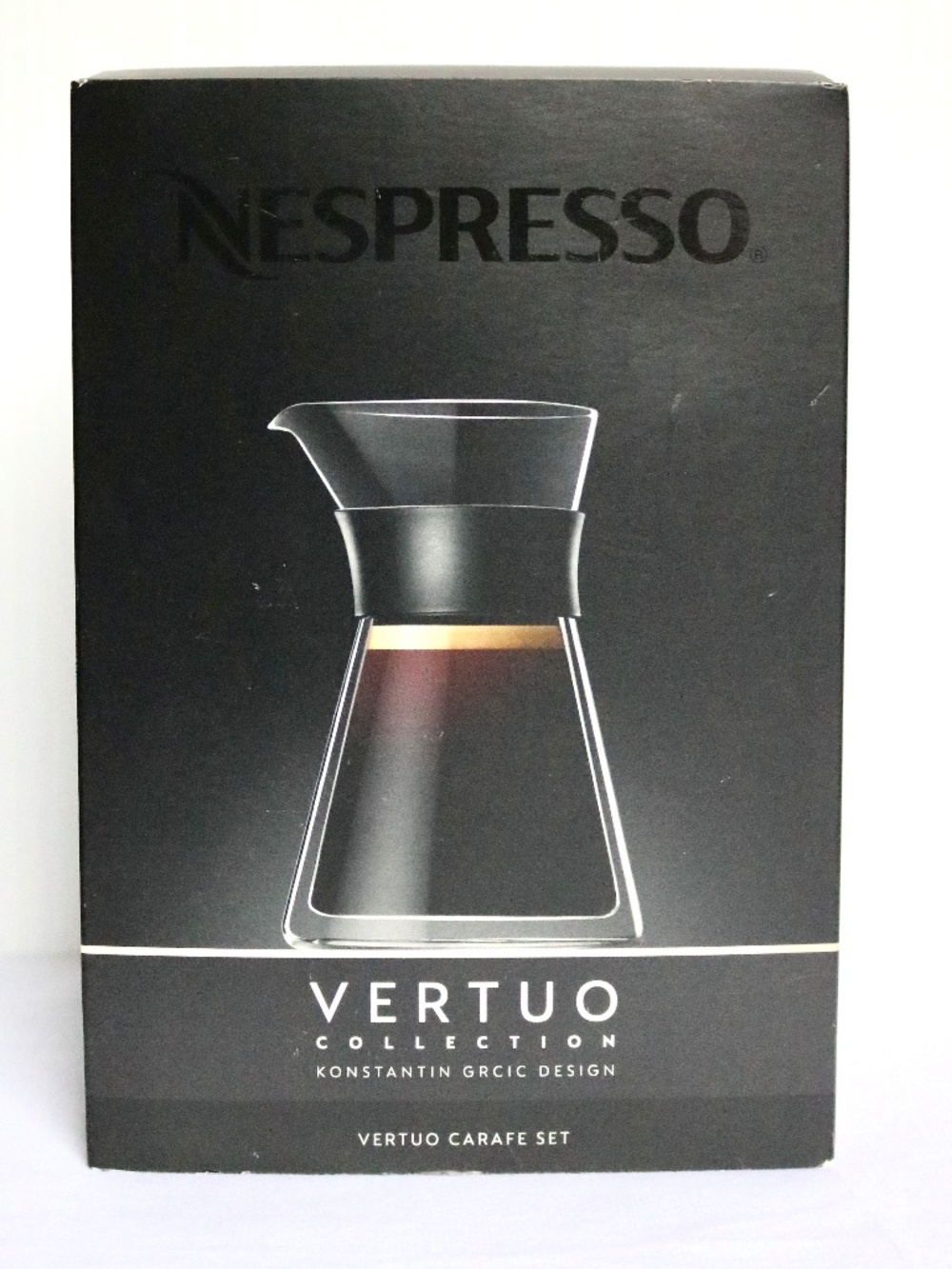 New In Box Nespresso Vertuo Collection Glass Coffee Carafe Set Black Silicone